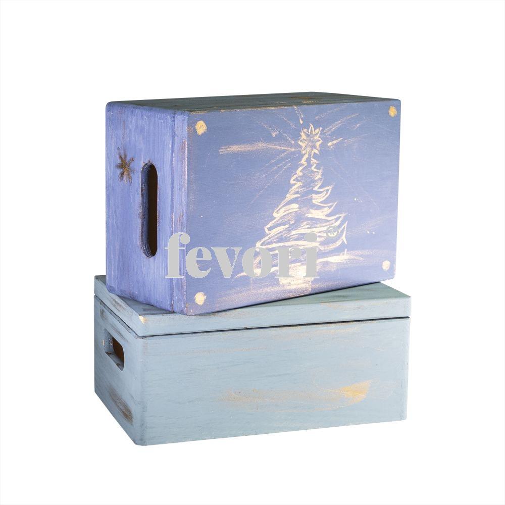 PUDEŁKO SKRZYNKA drewniana ozdobiona niebieska z choinką, świąteczna - z uchwytami